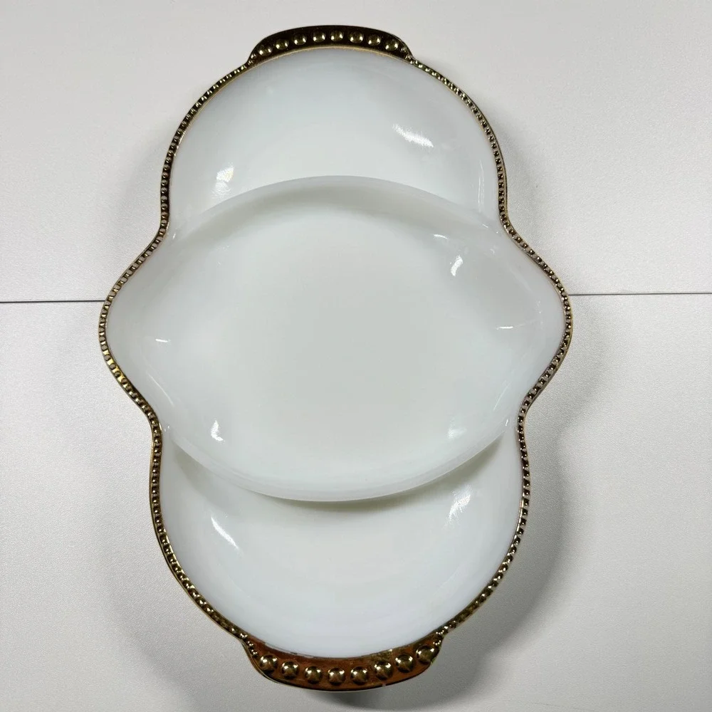 2 FIRE-KING Vintage White Milk Glass Gold Beaded Trim Serving Platter Relish